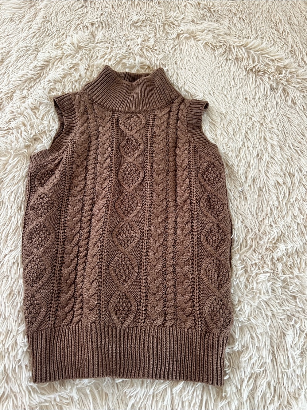 Brown Cable Knit Sleeveless Turtleneck Sweater